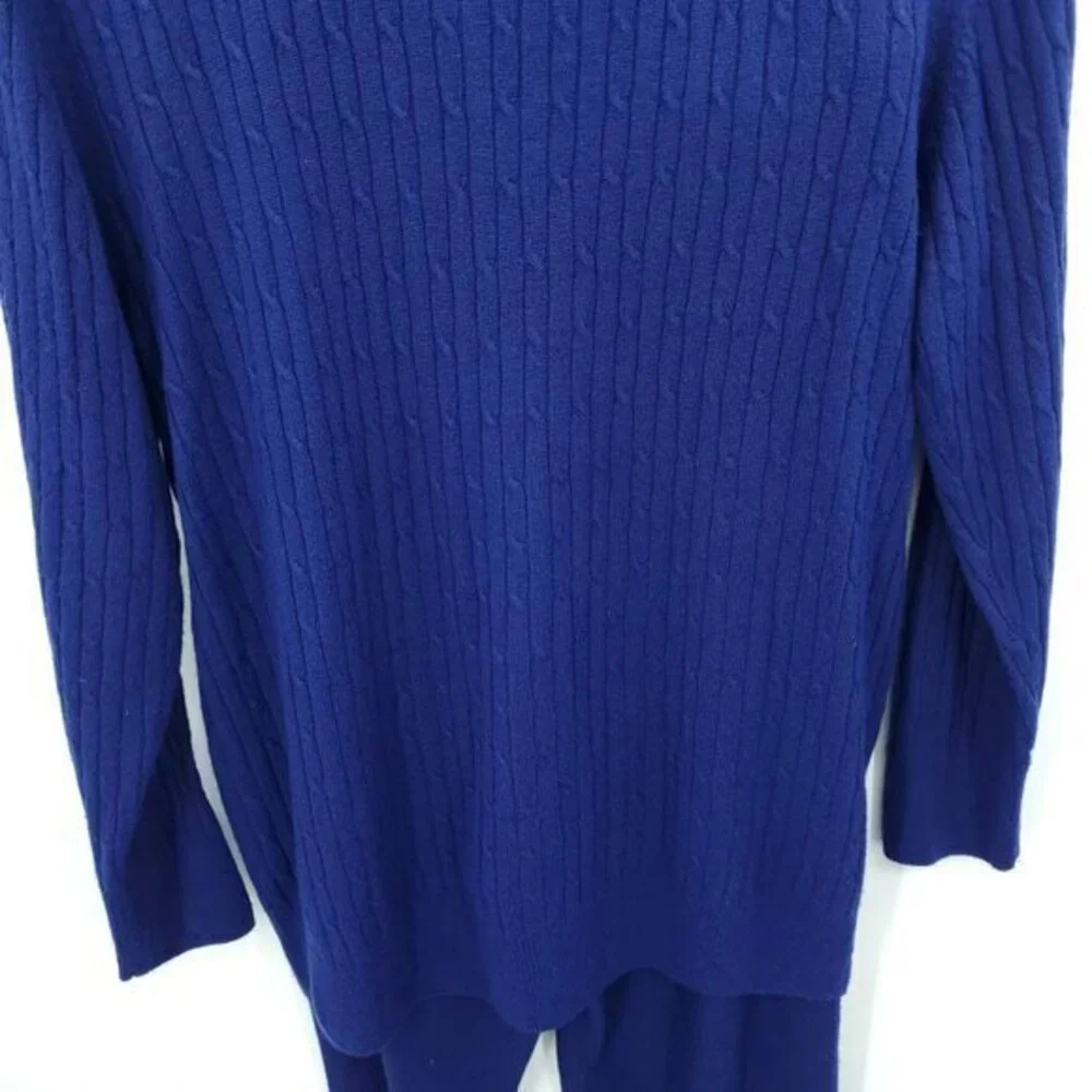 VTG 90s Matching Knit Polo Sweater/Pull On Full Length Straight Pants Set M Blue